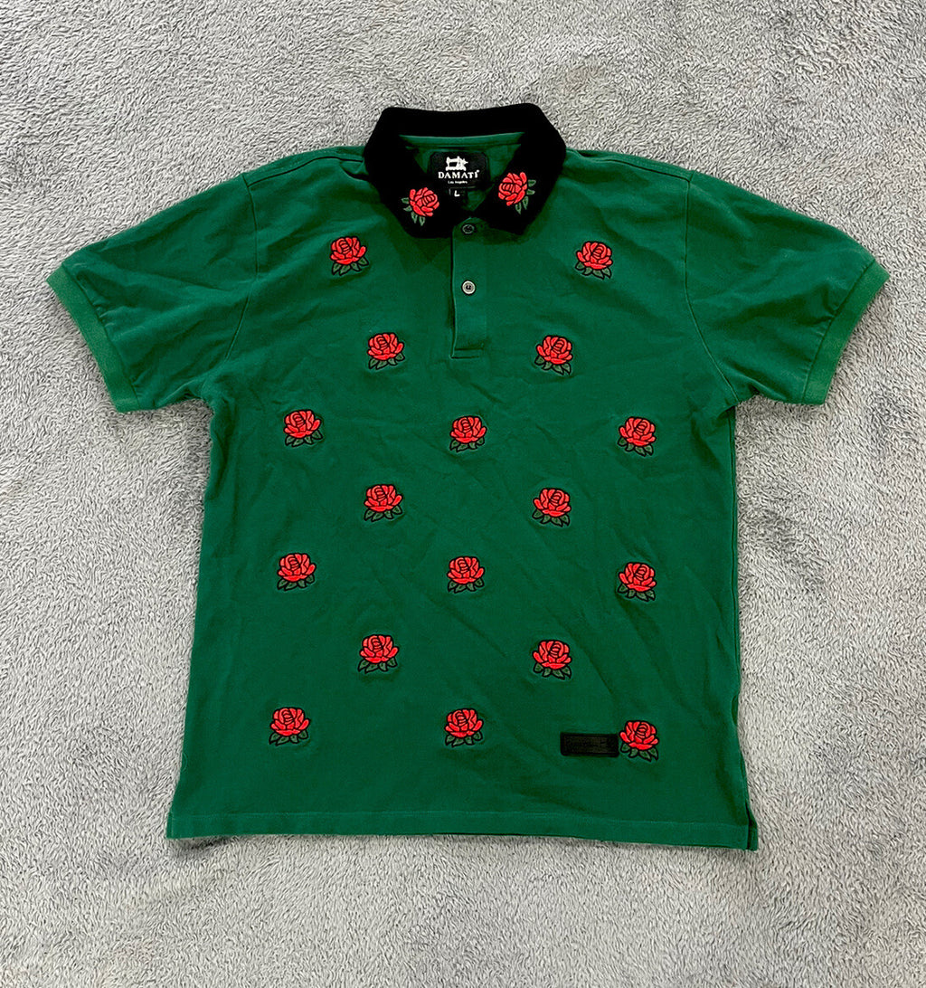 Damati Men's Size Large (L) Polo Short Sleeve Roses Embroidered Green Cotton