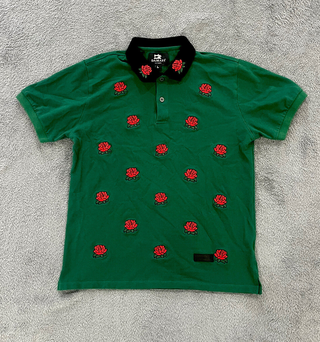 Damati Men's Size Large (L) Polo Short Sleeve Roses Embroidered Green Cotton