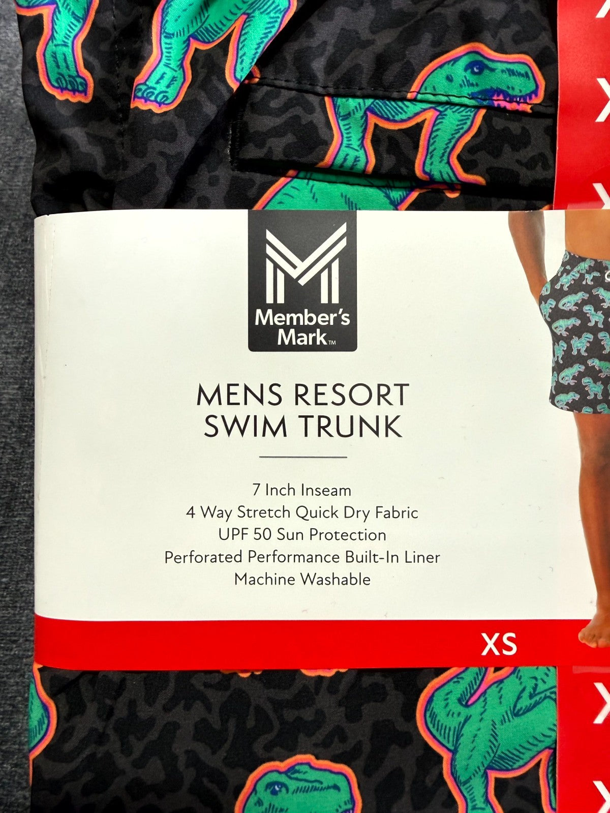 NWT Member's Mark Resort Swim Trunks Men's XS Black Dinosaur Print UPF 50+ Lined