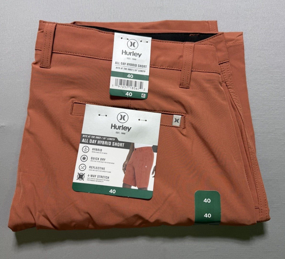 NWT Hurley All Day Hybrid Short Men's Size 40 Redwood Rust 4-Way Stretch Comfort