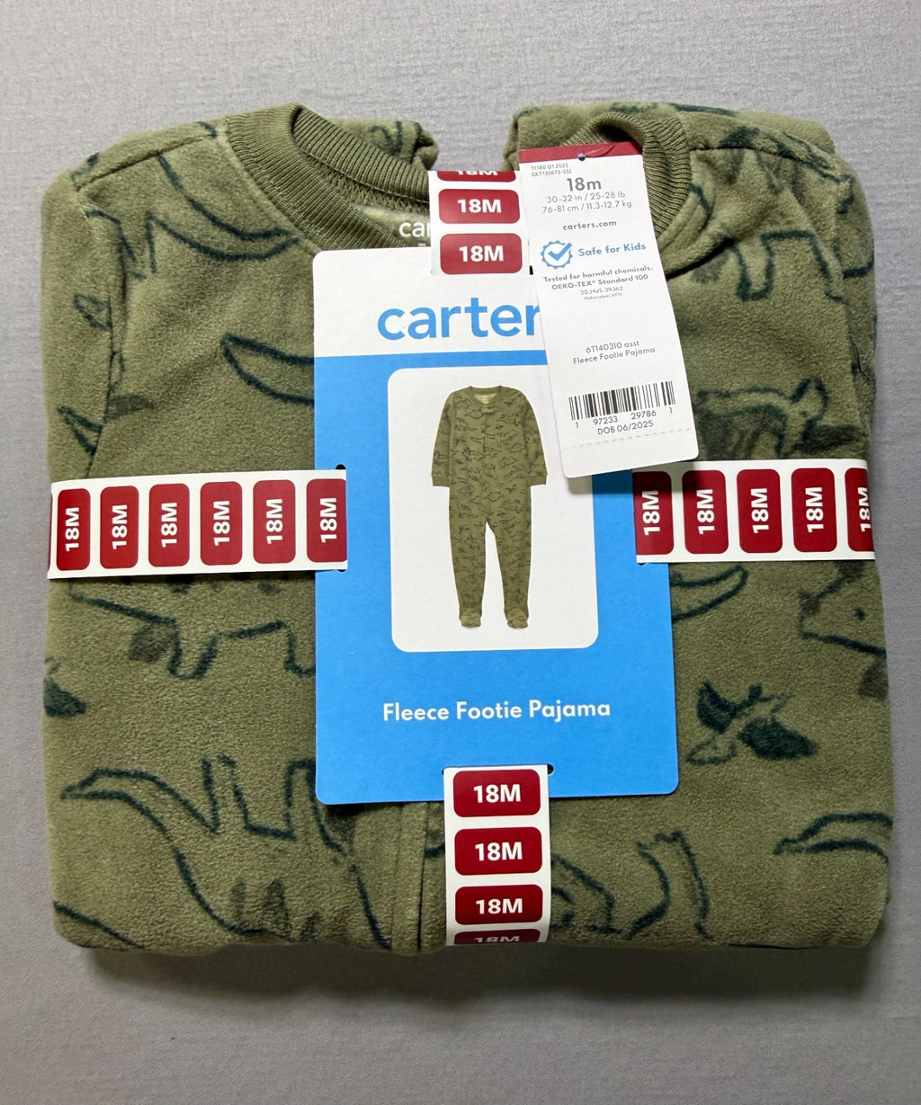 NWT Carter's Fleece Footie Pajama Toddlers 18M Green Animal Print Casual Wear