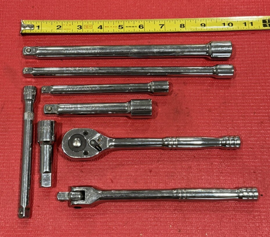 NEW 8 PC SET CHROME VANADIUM 3/8" & 1/2" DRIVE RATCHET, BREAKER BAR & EXTENSIONS