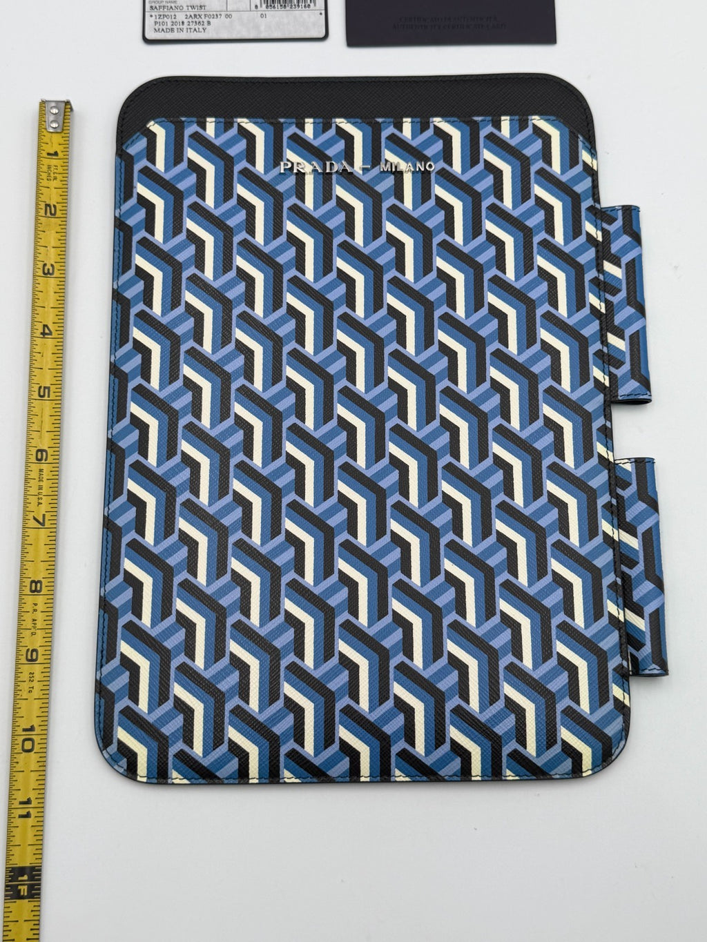 NEW Authentic Prada leather iPad Tablet Case Blue Geometric Saffiano Twist