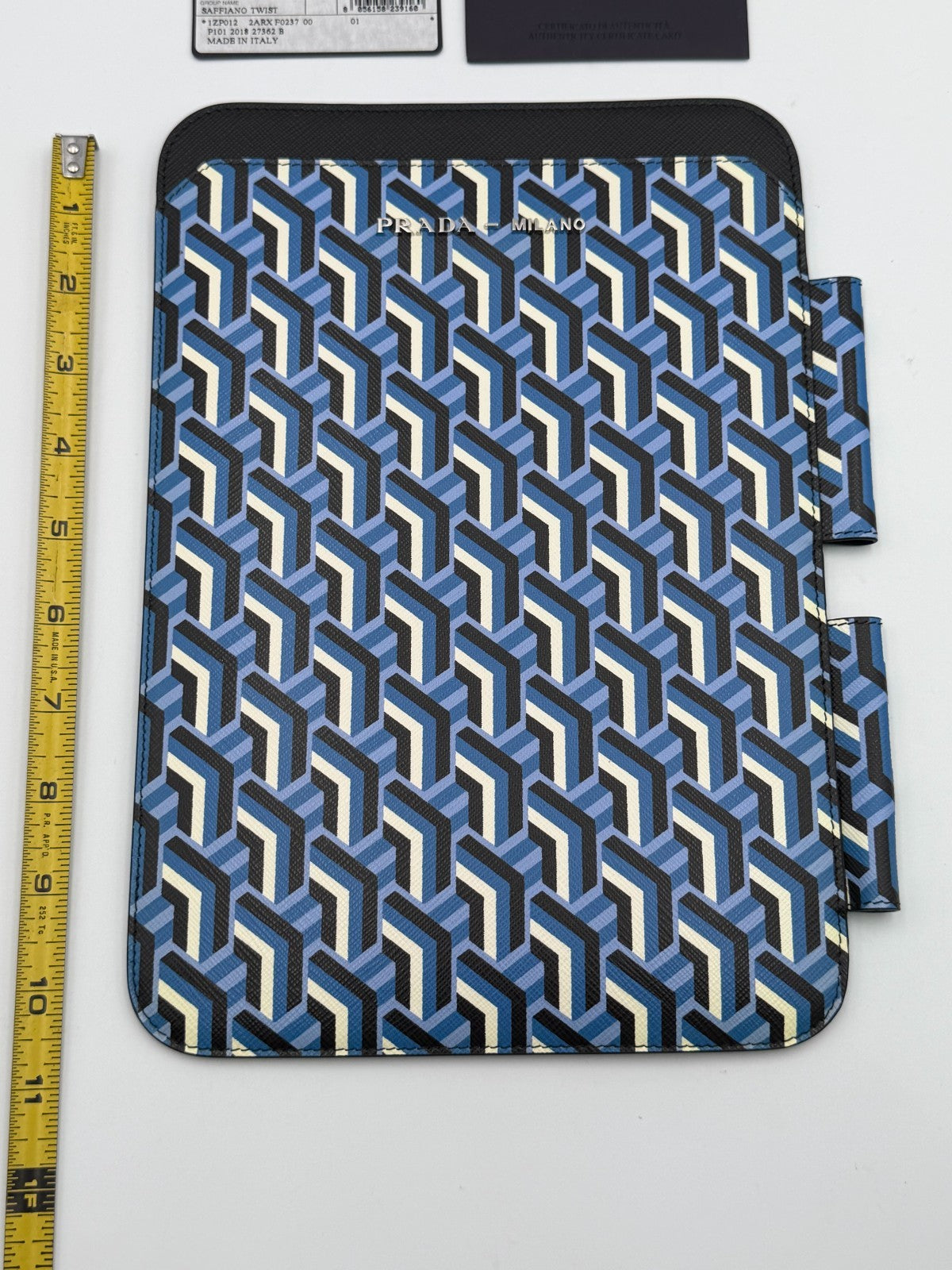 NEW Authentic Prada leather iPad Tablet Case Blue Geometric Saffiano Twist