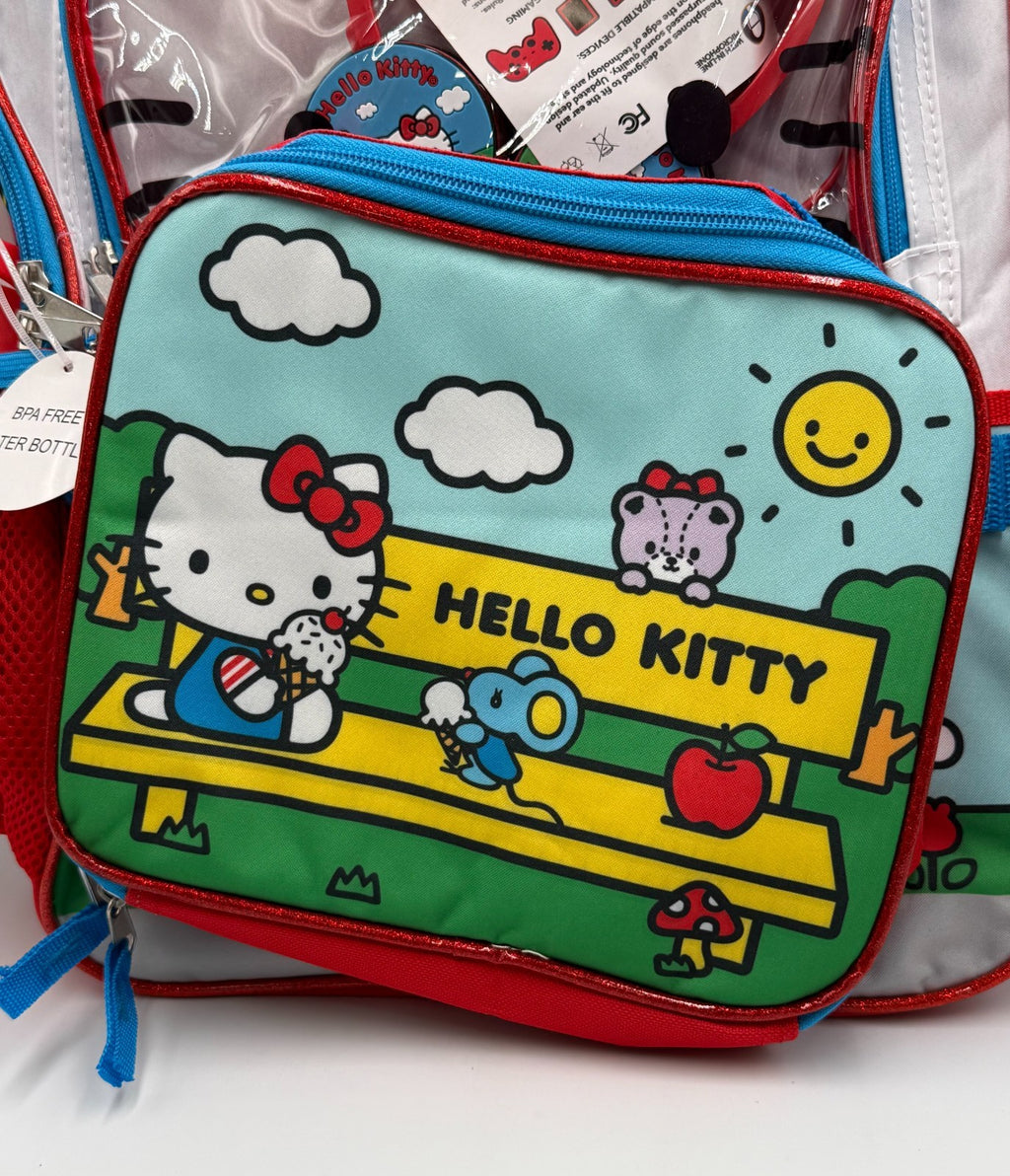 NWT Sanrio Hello Kitty Girls 4pc Backpack Set Lunch Box Headphones Water Bottle