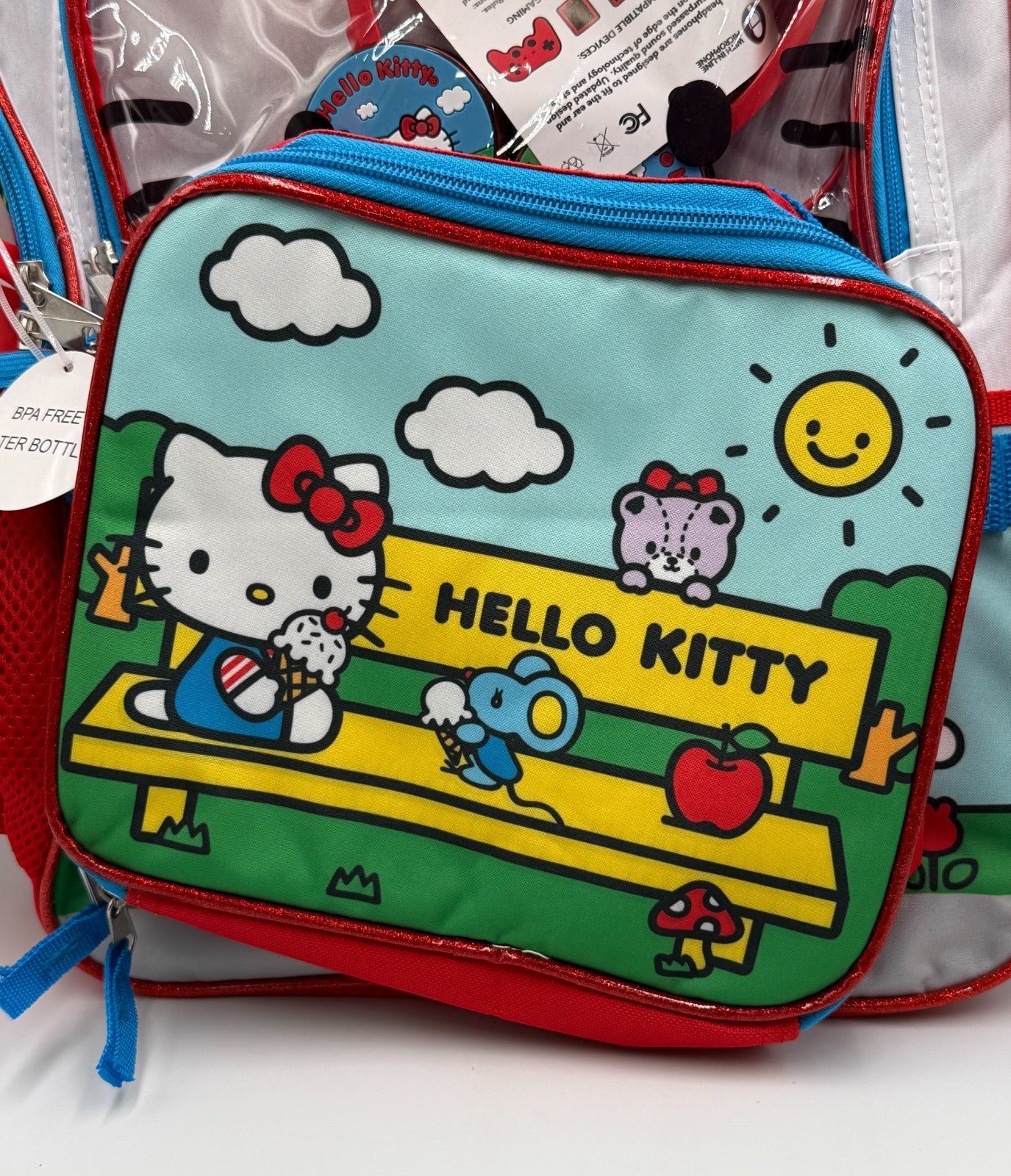 NWT Sanrio Hello Kitty Girls 4pc Backpack Set Lunch Box Headphones Water Bottle