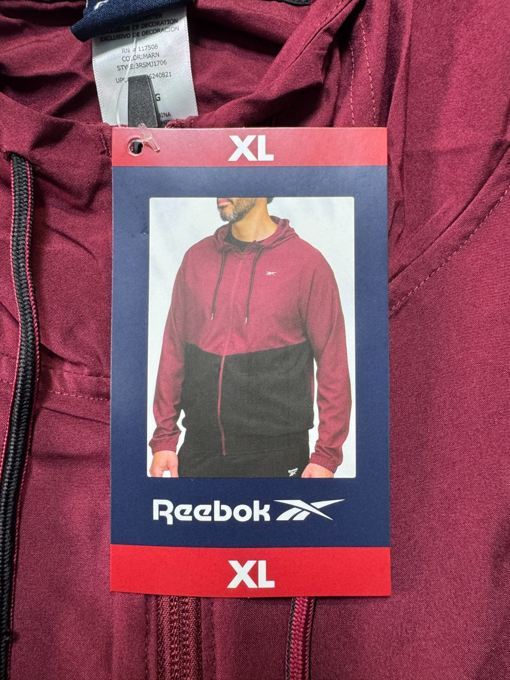 NWT Reebok Full Zip Training Woven Jacket Men's XL Maroon Black Adjustable Hood