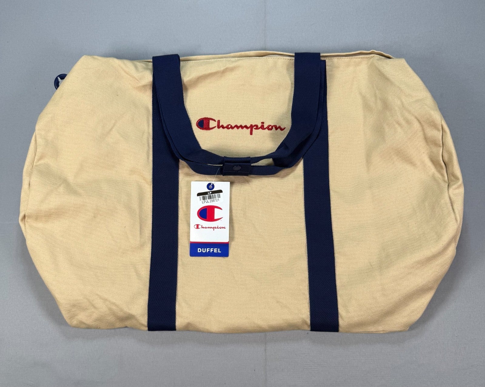 NWT Champion Canvas Duffel Bag Men's Large Tan Embroidered Logo Outdoor Gym