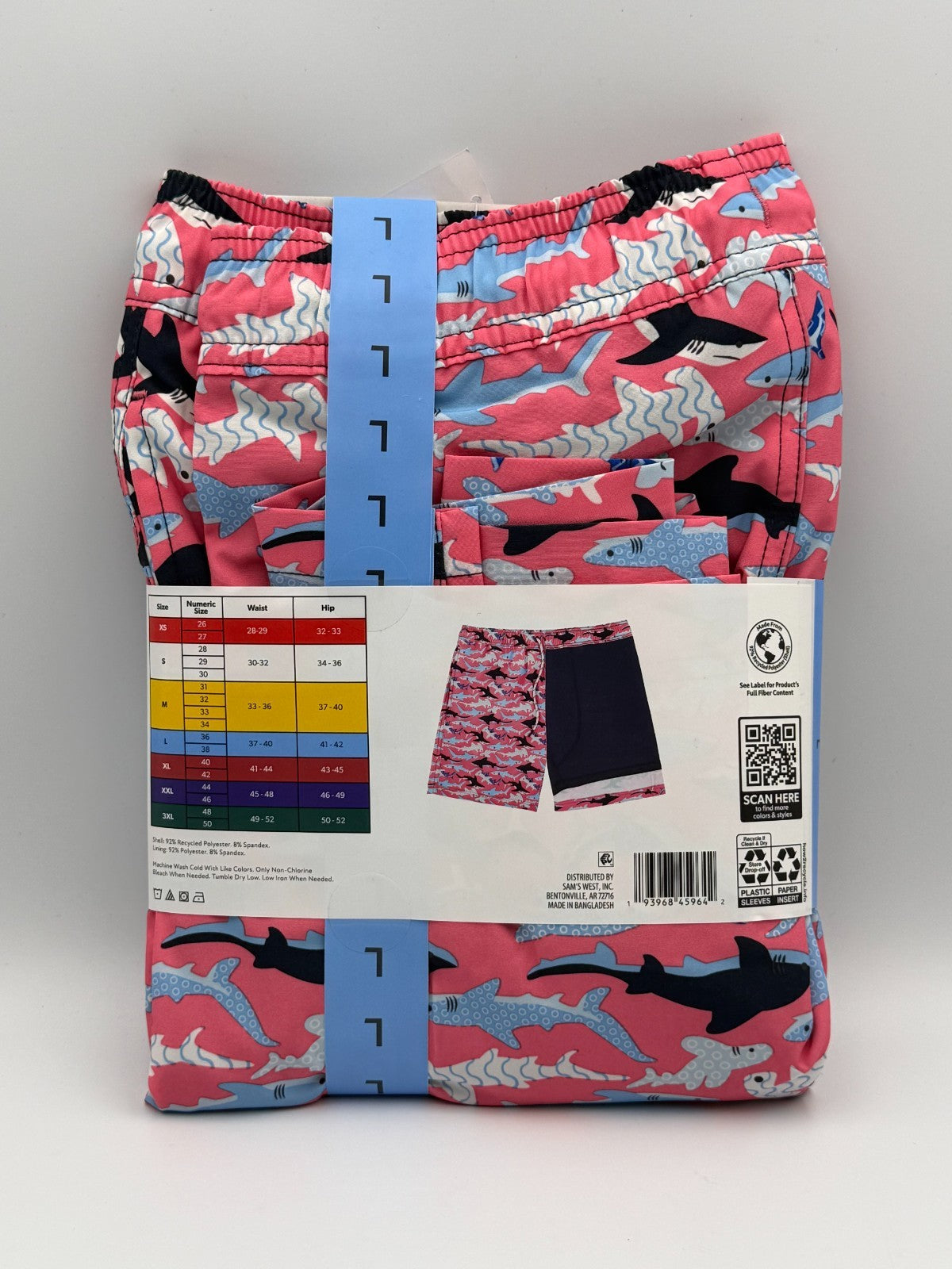 NWT Member's Mark Resort Swim Trunk Men Large Pink Shark Print UPF 50 7" Inseam