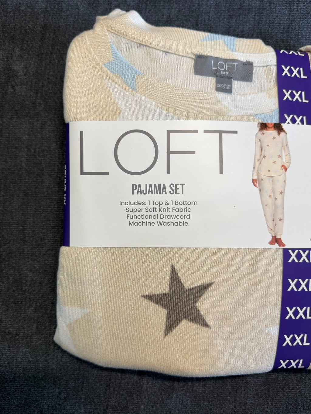 NWT LOFT Pajama Set Women's 2XL Beige Star Print Comfort Sleepwear Top & Bottom
