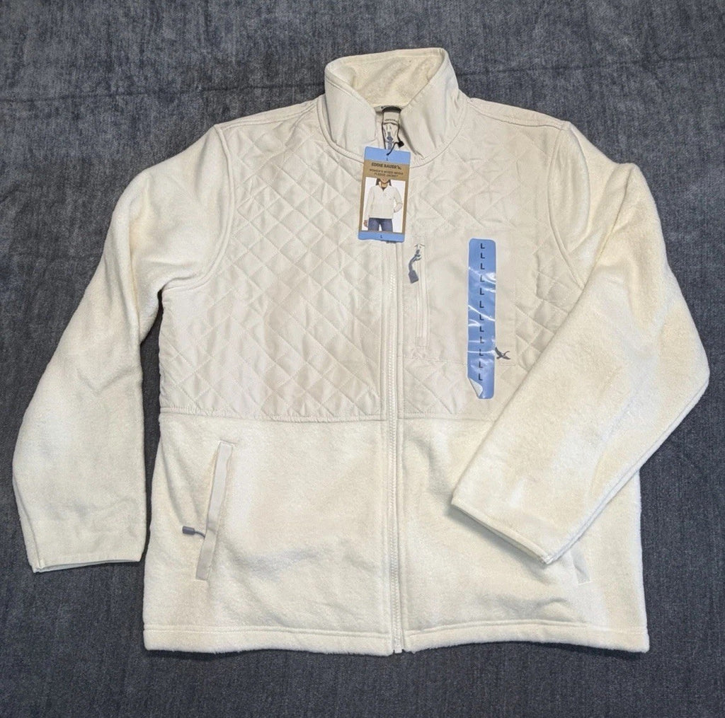 Eddie Bauer Mixed Media Fleece Jacket Women's Large White Cream Full Zip Casual