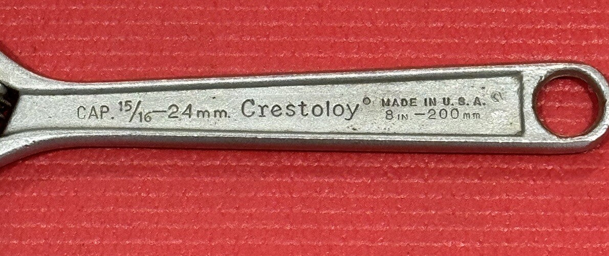 Vintage Crescent Crestoloy 8” Adjustable Wrench CAP.15/16-24mm  Made In USA Nice