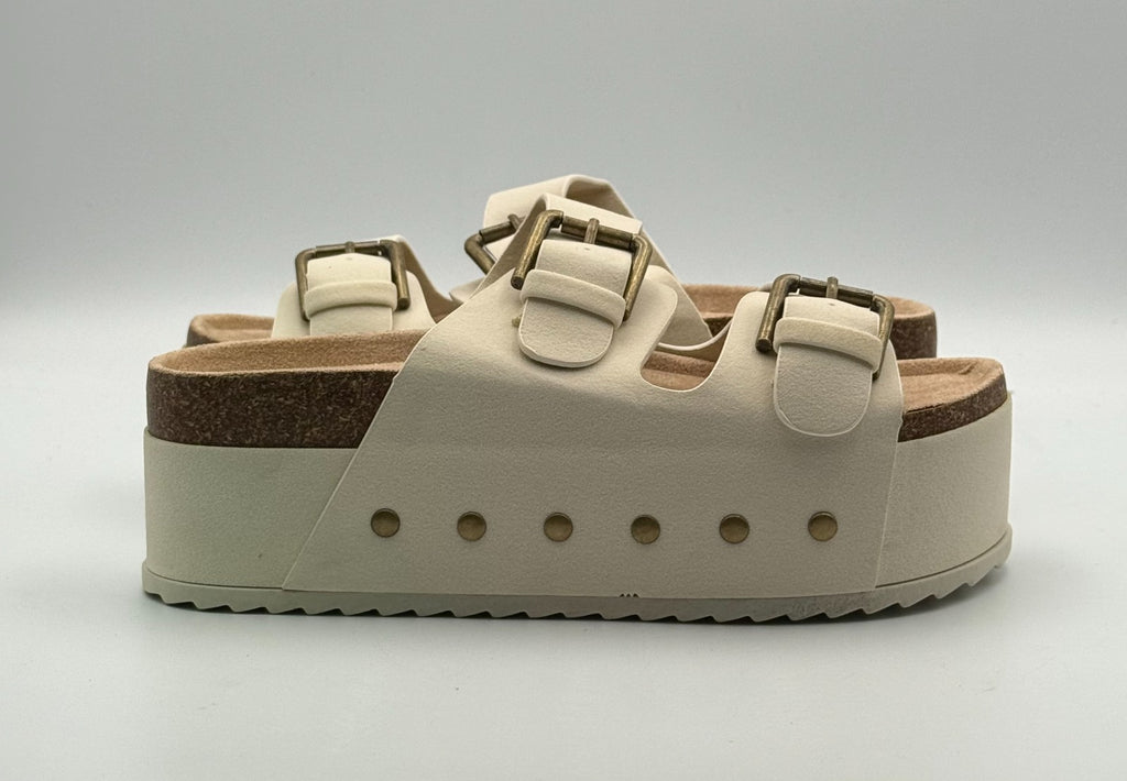 New Ziitop Double Buckle Flat Footbed Sandal Women's 7 Beige Leather Platform