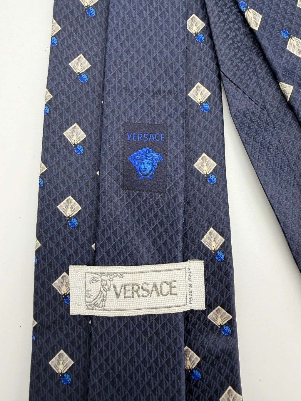 Vintage Versace Silk Necktie Men's Blue Geometric Diamond Pattern Luxury Tie