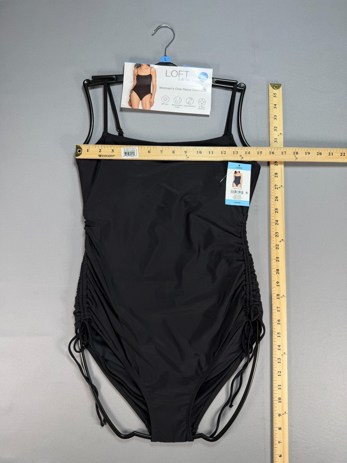 Loft Shirred Side Tie One-Piece Swimsuit Women's Large Black Sleeveless Summer