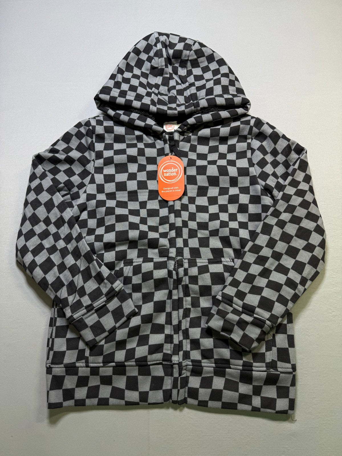 Wonder Nation Tough Fully Lined Zip Hoodie Girls Kids Large (10-12) Black Plaid