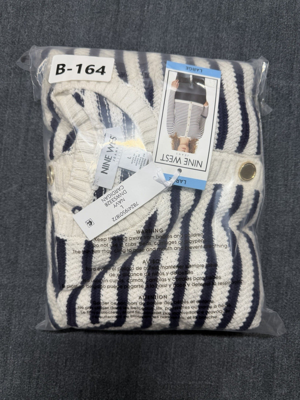 NWT Nine West Cropped Cardigan Sweater Women's Large White Navy Striped Classic