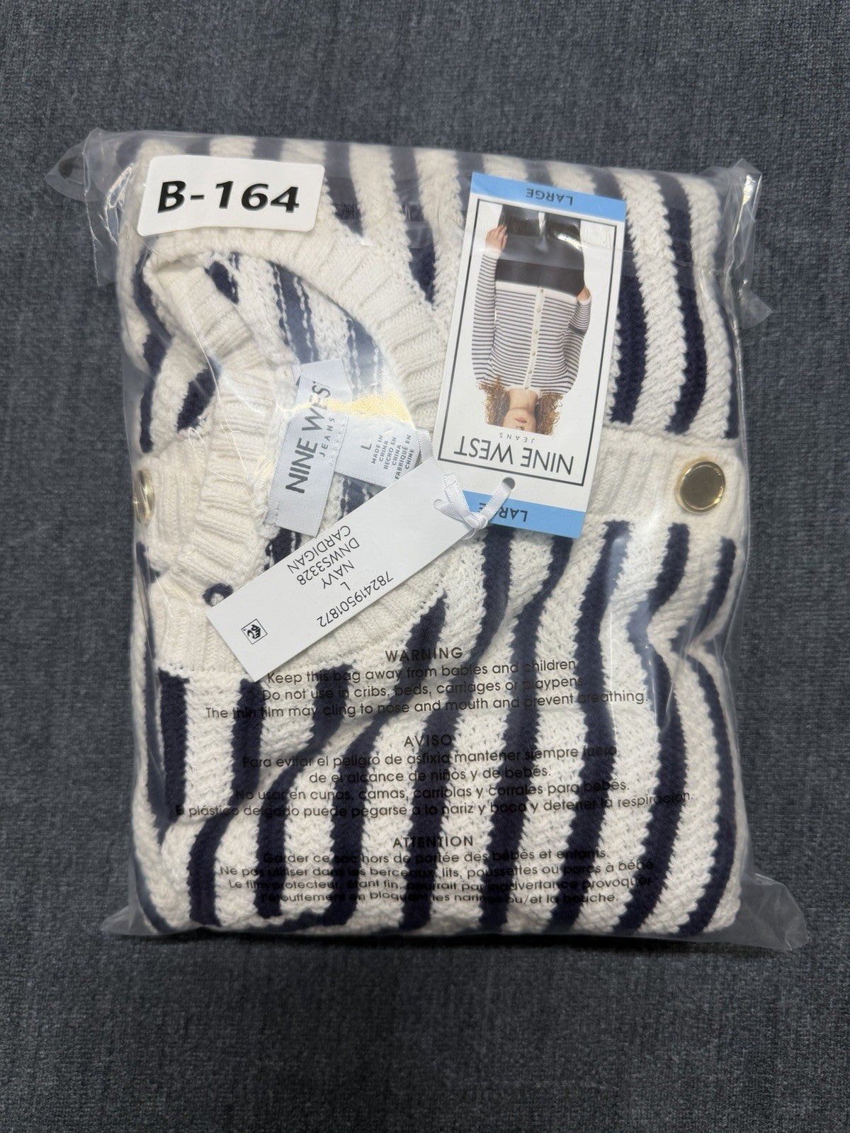 NWT Nine West Cropped Cardigan Sweater Women's Large White Navy Striped Classic