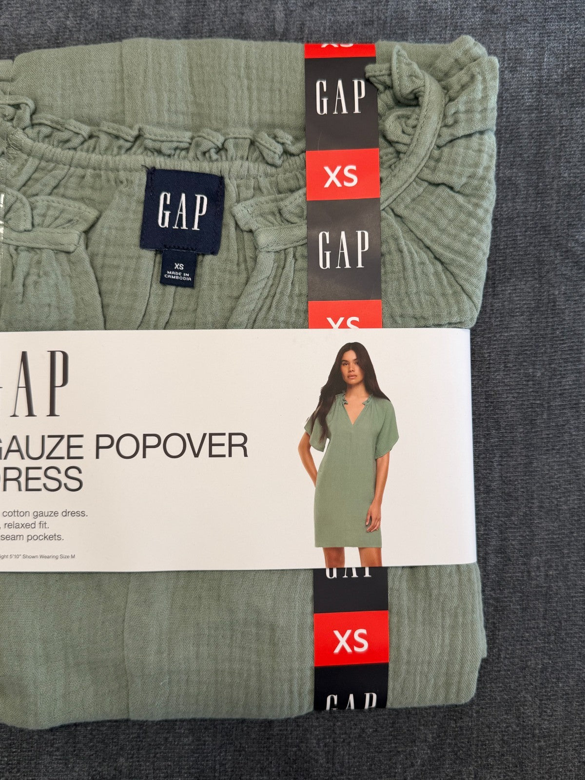 NWT Gap Gauze Popover Dress Women XS Green Short Sleeve Deep V-Neck 100% Cotton