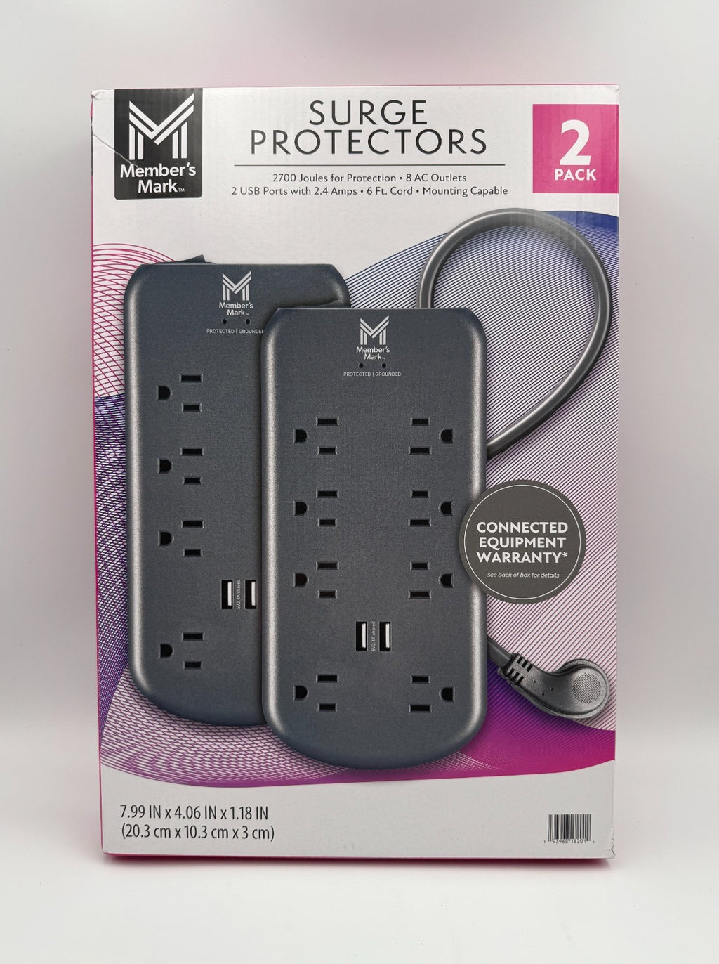 Member's Mark 8 AC Outlets 2 USB Ports 2700 Joules 6ft Surge Protectors - 2 Pack