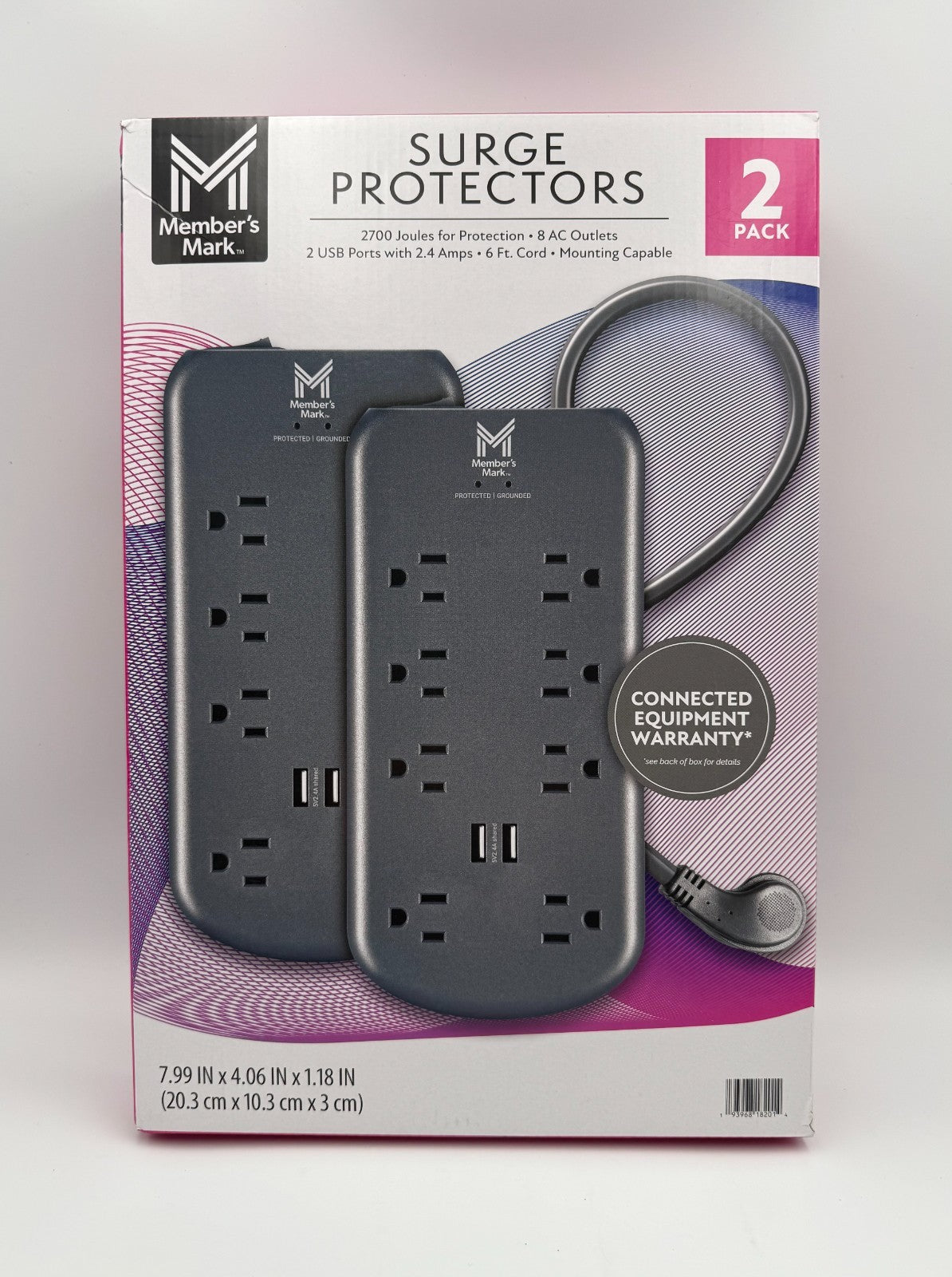 Member's Mark 8 AC Outlets 2 USB Ports 2700 Joules 6ft Surge Protectors - 2 Pack