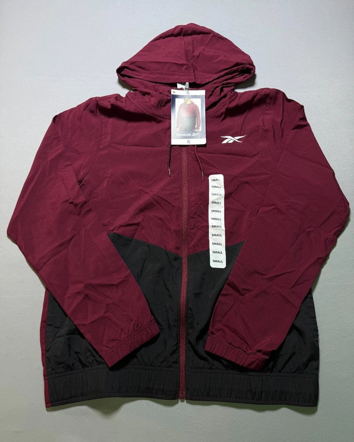 Reebok Full Zip Color Block Adjustable Hood Woven Jacket Men Small Maroon/Black