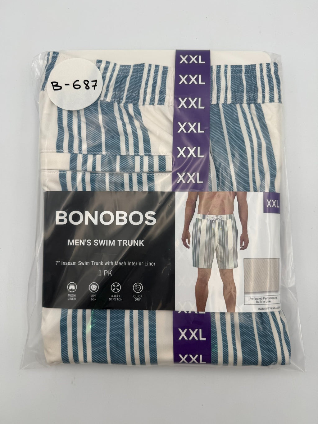 NWT Bonobos Swim Trunks Men's 2XL White Blue Striped Drawstring Summer Beach