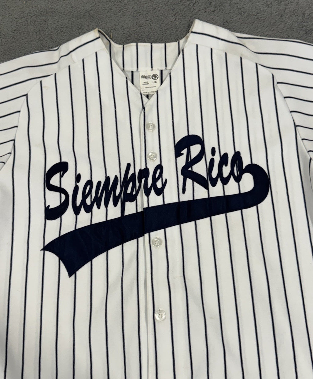 Vintage Athletic Knit SIEMPRE RICO DECHAMP Pinstripes Baseball Jersey Men Size L