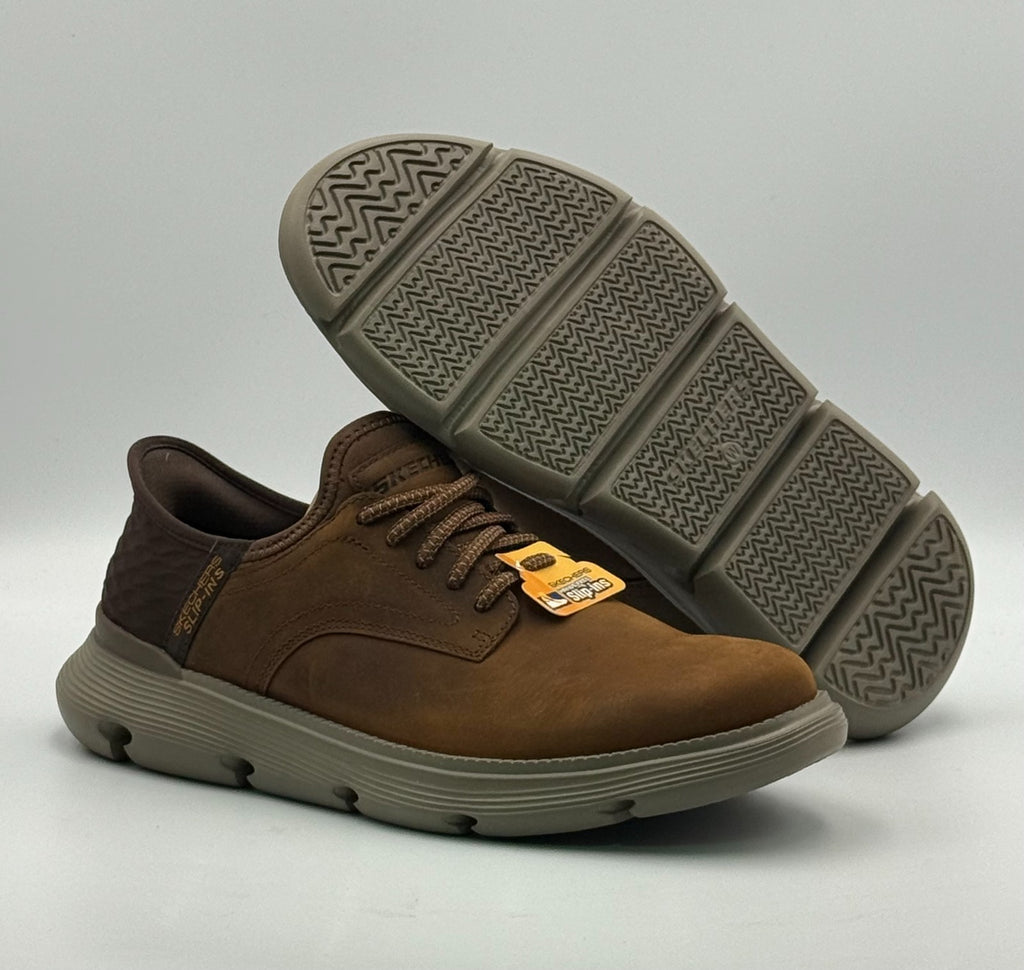 New Skechers Garza Gervin Slip in Sneakers Men's 8.5 Dark Brown Low Top Leather