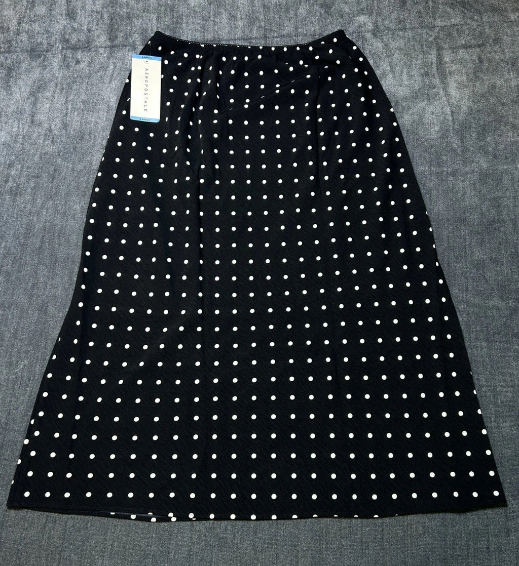 NWT Aeropostale Classic Polka Dot Maxi Slip Skirt Women's Large Black Preppy