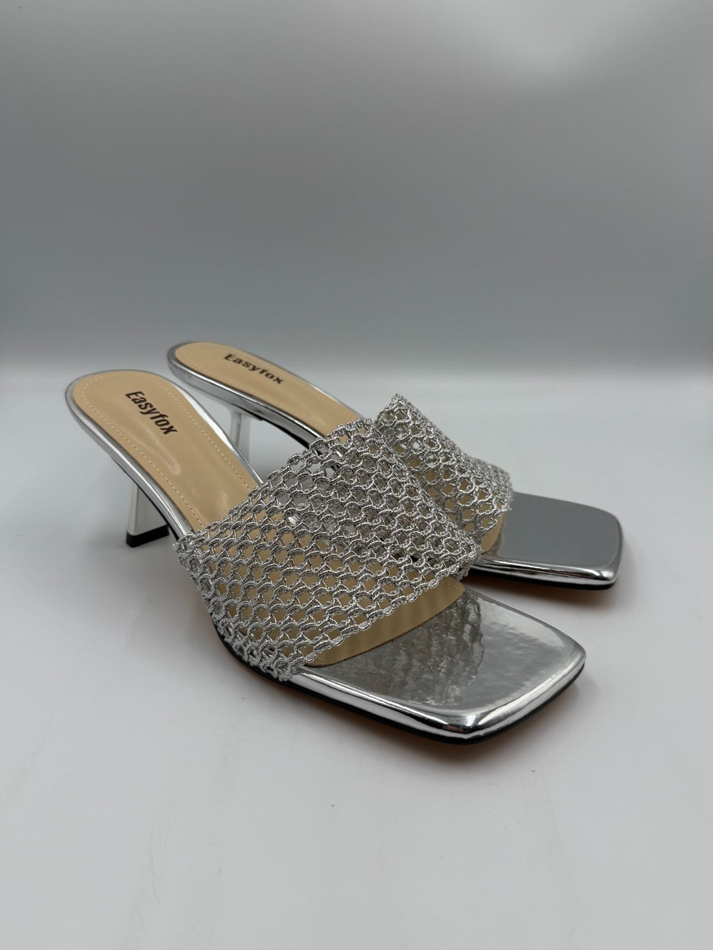 NWB Easyfox Square Toe Stiletto Heeled Slip-On Sandals Women 10 Silver Open Toe