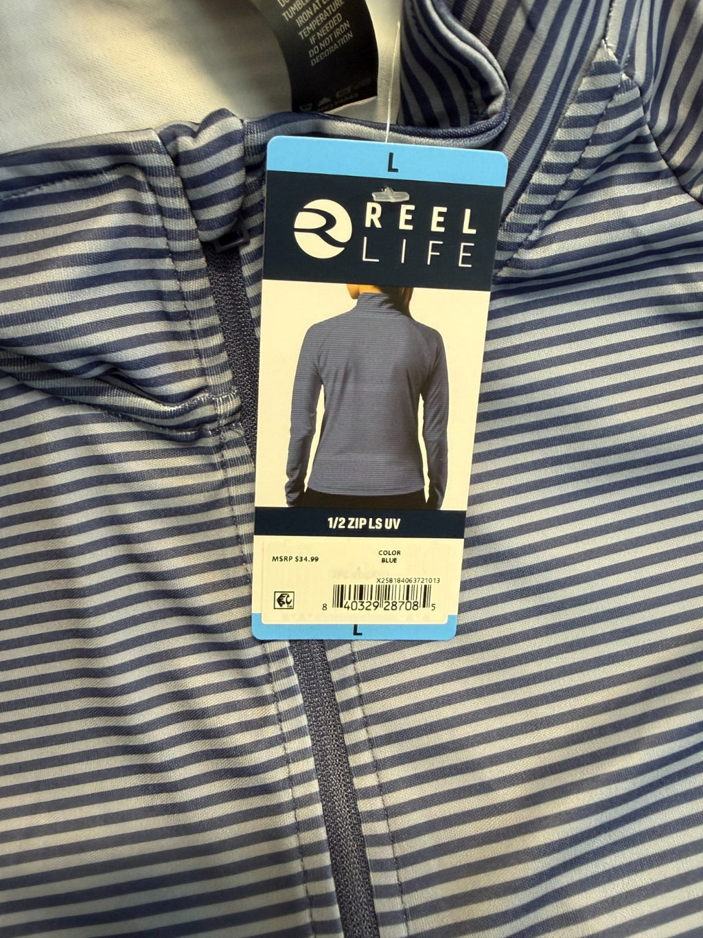 NWT Reel Life 1/2 Zip Long Sleeve UV Shirt Women’s Large Blue Striped Pullover