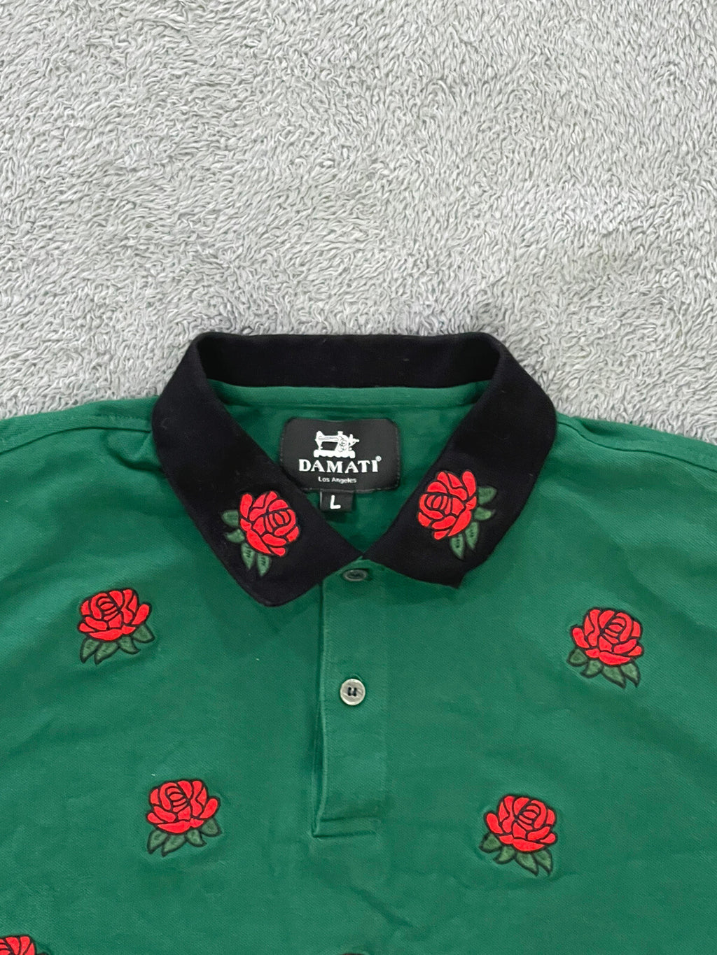 Damati Men's Size Large (L) Polo Short Sleeve Roses Embroidered Green Cotton