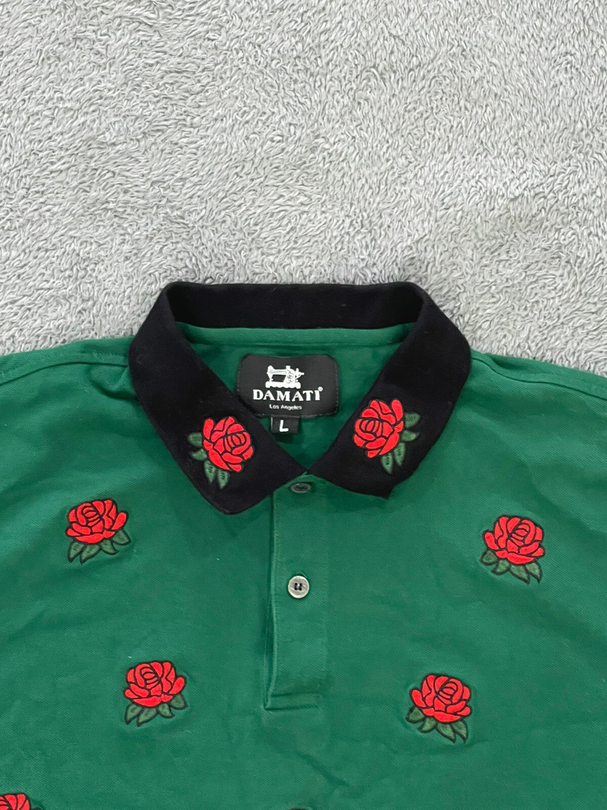 Damati Men's Size Large (L) Polo Short Sleeve Roses Embroidered Green Cotton