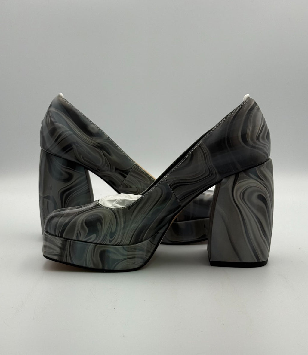 NEW Katy Perry The Uplift Platform Pumps Womens 6M Black Multi Holographic Swirl