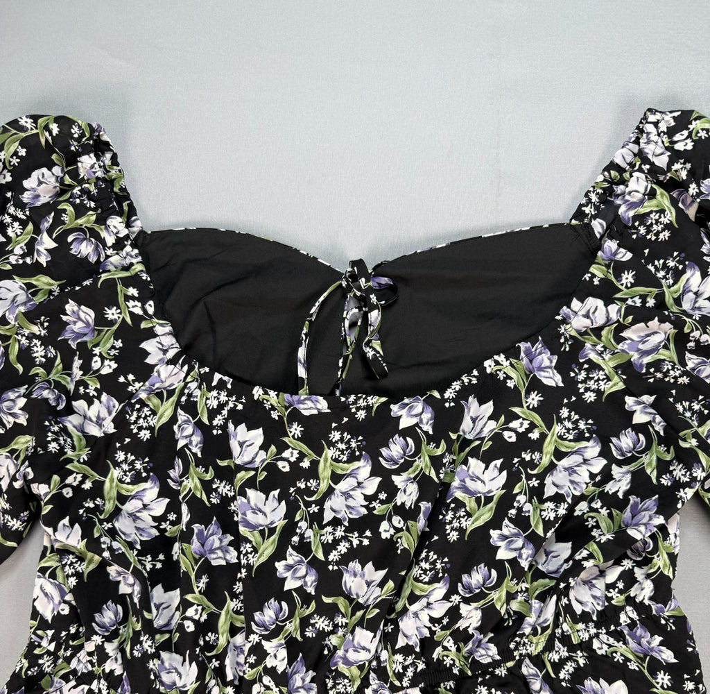 NWT Eywol Midi Dress Women's 3xl Black White Floral Tiered Ruffle Long Sleeve