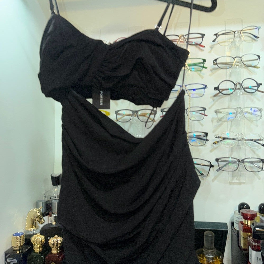Off-White VI Crepe Drape Strapless Black Dress