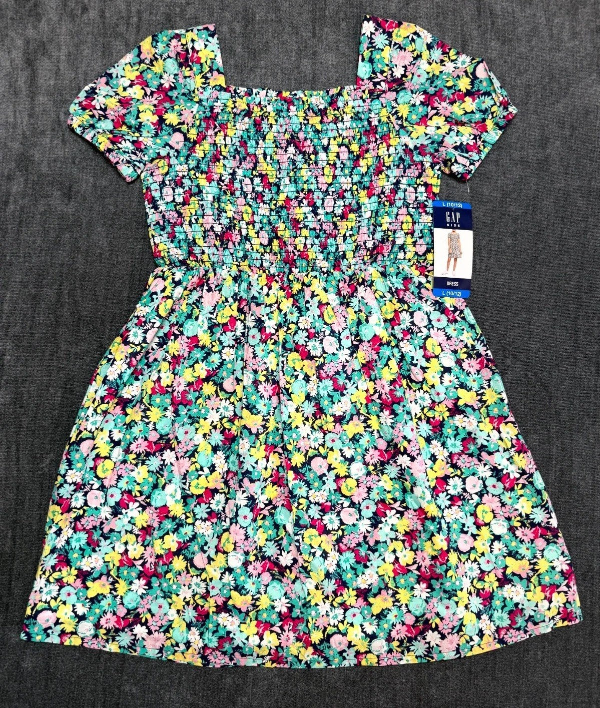 NWT Gap Knee Length Smocked Dress Girls L(10/12) Multicolor Floral Short-Sleeve