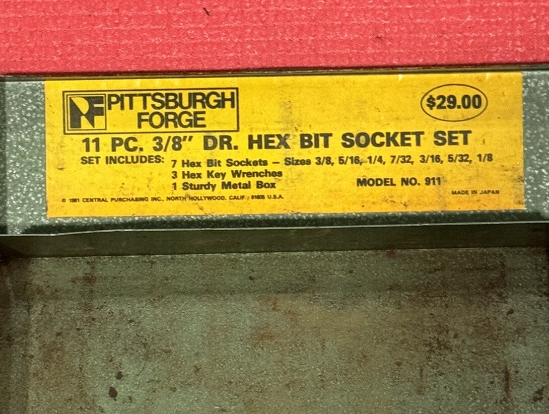 Vintage Pittsburgh Forge 911, 3/8" Drive Hex Bit Socket Set Green Case Only RARE