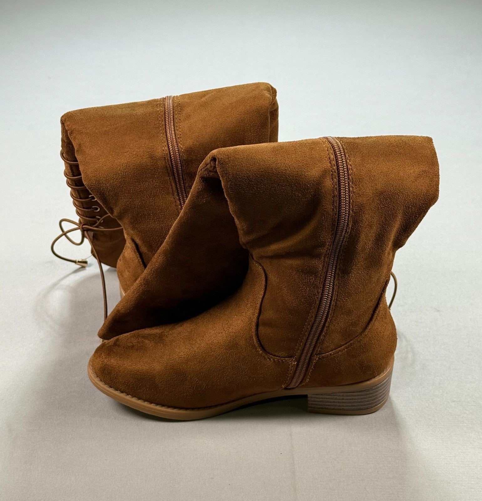Eettaro Over Knee Faux Suede Boots Women 5 Camel Side Zip Almond Toe Block Heel