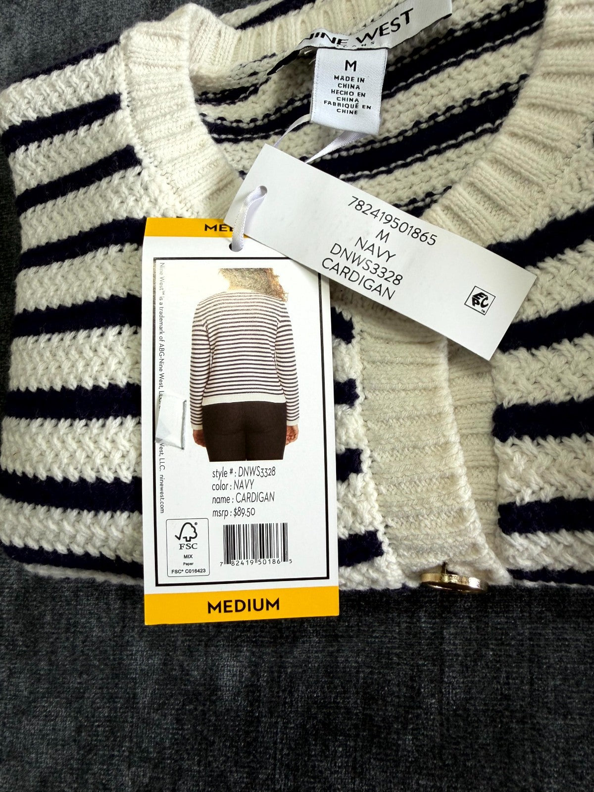 NWT Nine West Cropped Cardigan Sweater Women's Medium White Navy Striped Classic