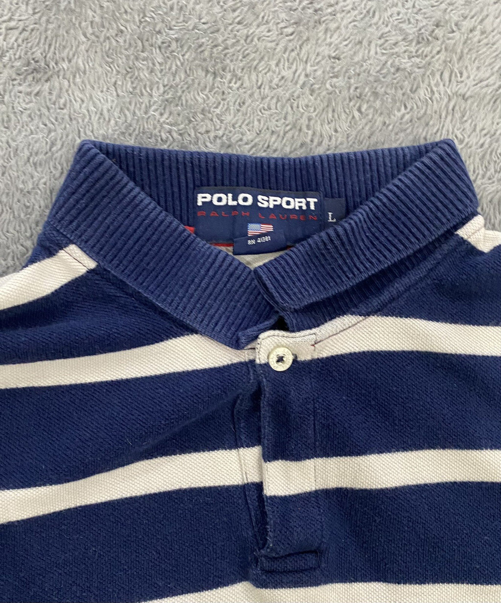 VINTAGE POLO RALPH LAUREN MEN'S LARGE Navy Blue White Stripes POLO SPORT Shirt