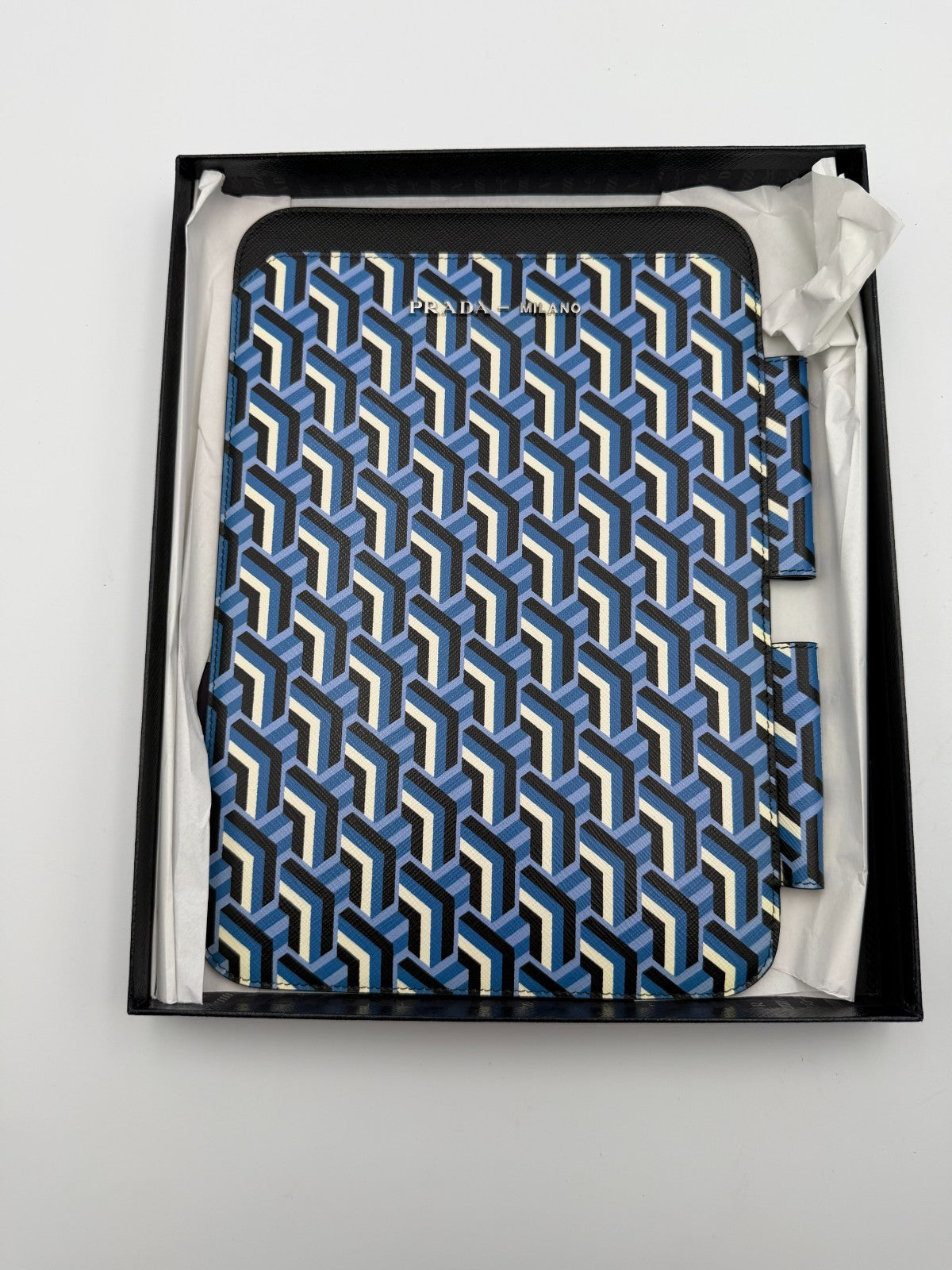 NEW Authentic Prada leather iPad Tablet Case Blue Geometric Saffiano Twist