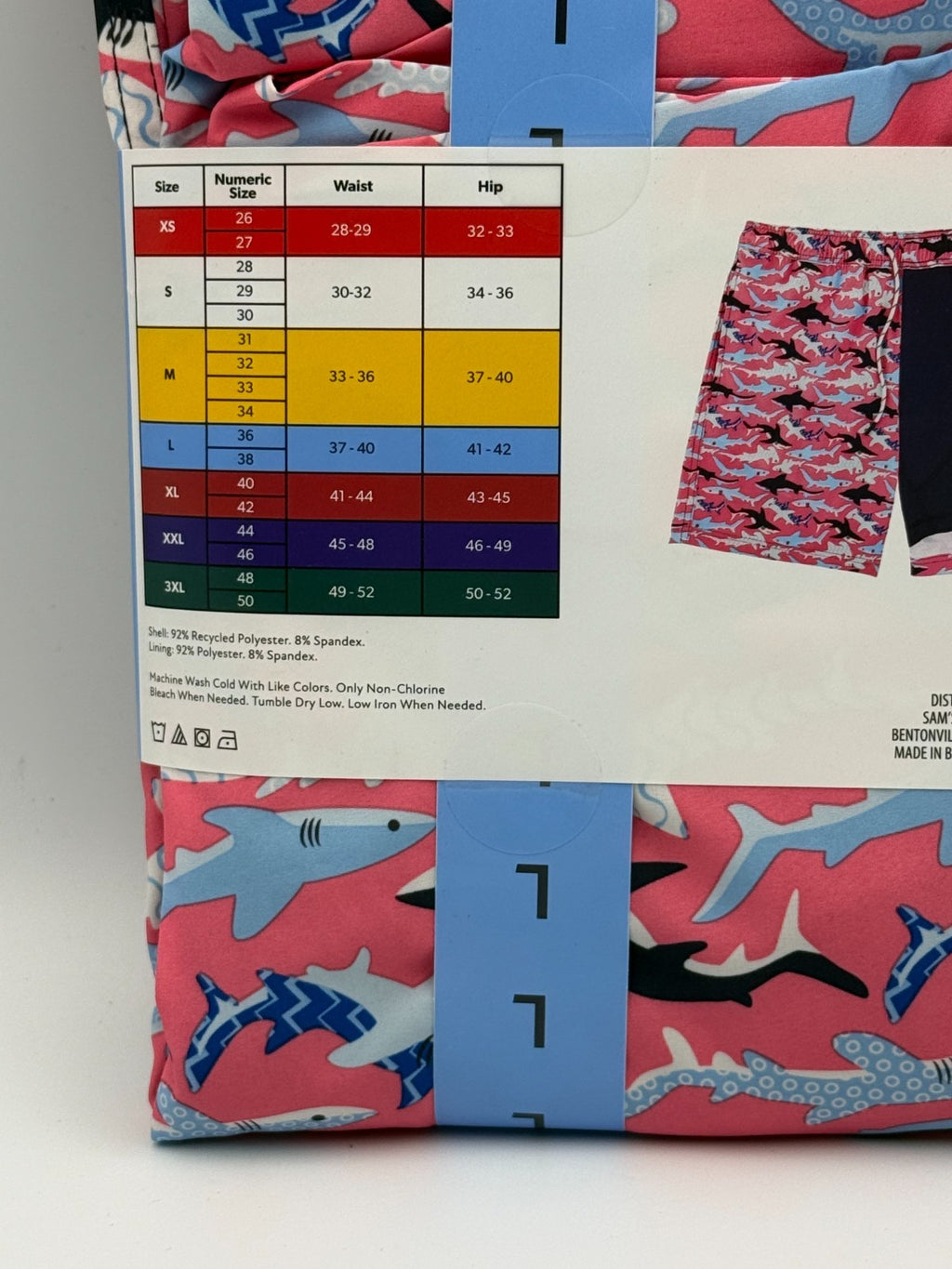 NWT Member's Mark Resort Swim Trunks Men Large Pink Shark Print Lined 7" Inseam
