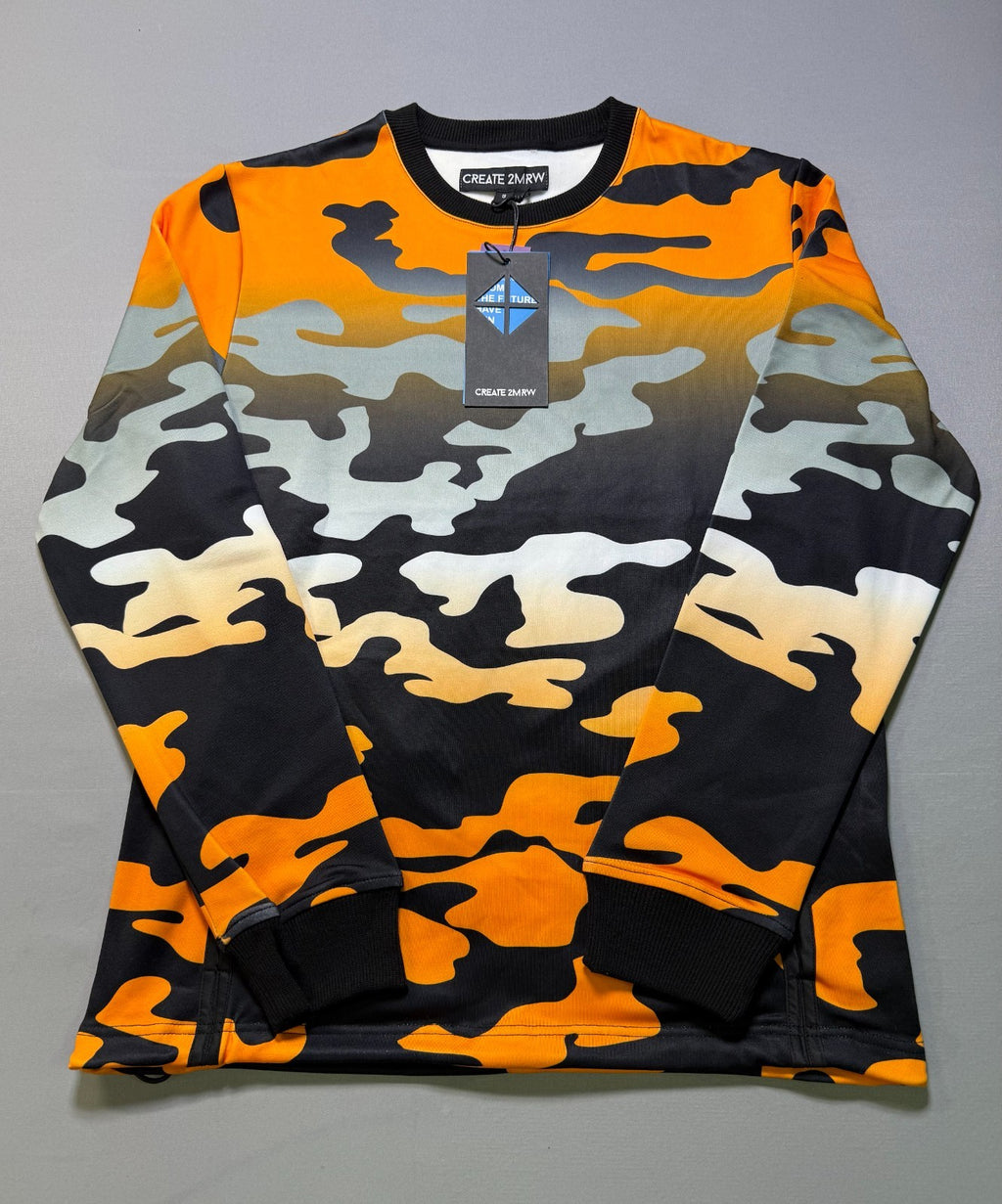 Create 2MRW Crew Neck Sweatshirt Men Small Orange Camo Long Sleeve w/ Ribbed Hem