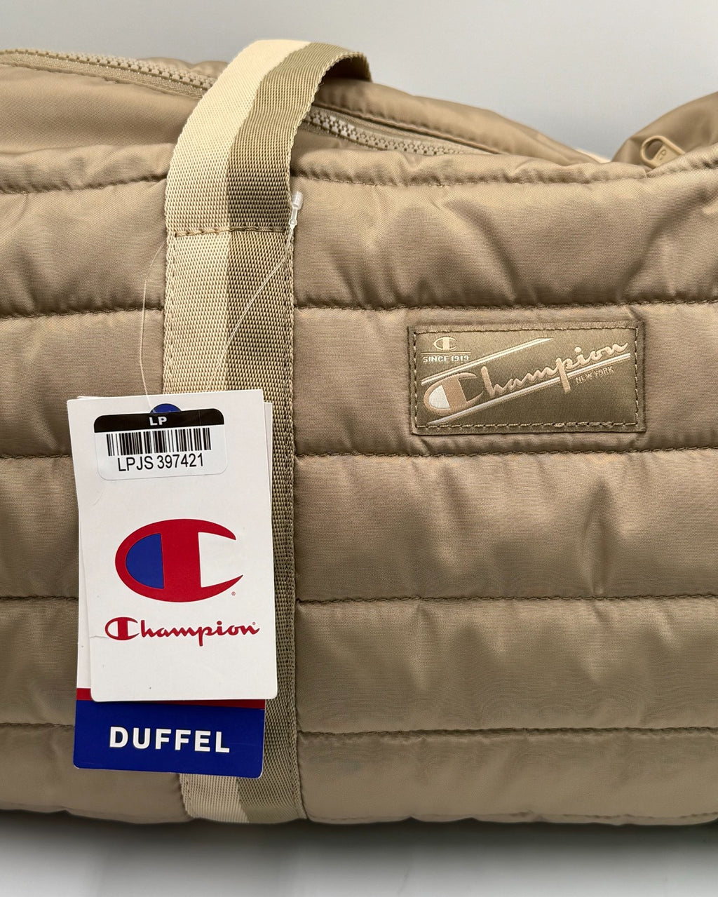 NWT Champion Billie Quilted Duffel Bag Beige Puffer Weekender Gym Travel Tote