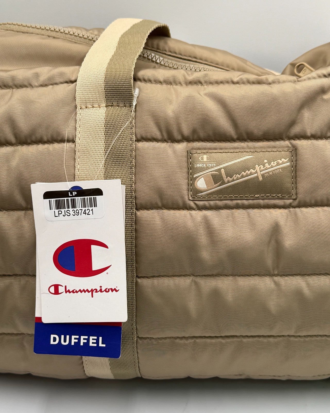 NWT Champion Billie Quilted Duffel Bag Beige Puffer Weekender Gym Travel Tote