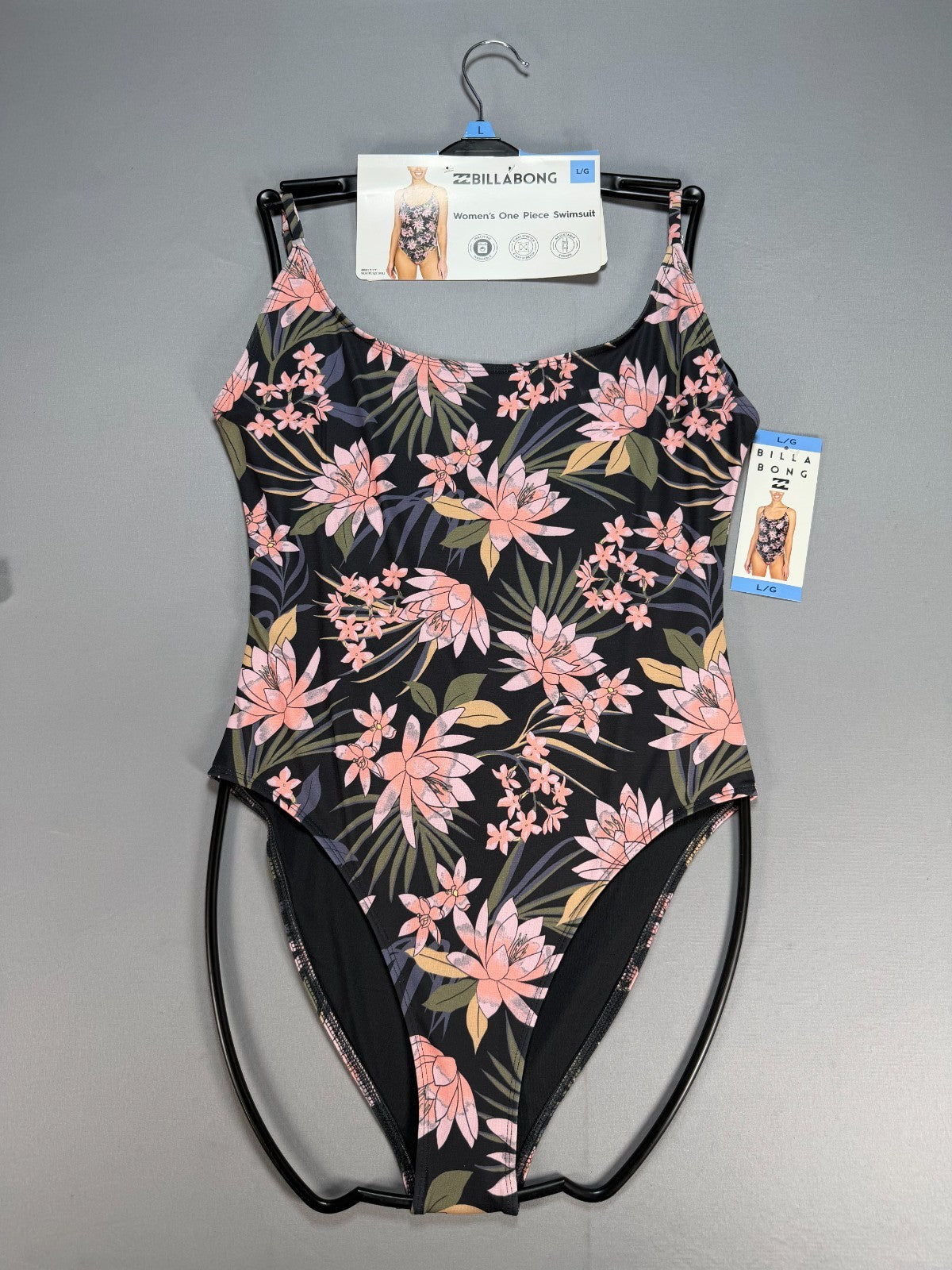 NWT Billabong One-Piece Swimsuit Women Large Black Floral Sleeveless Summer Gear