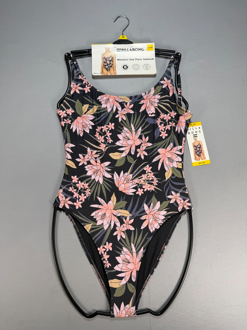NWT Billabong One-Piece Swimsuit Women Medium Black Floral Sleeveless Summer Fit