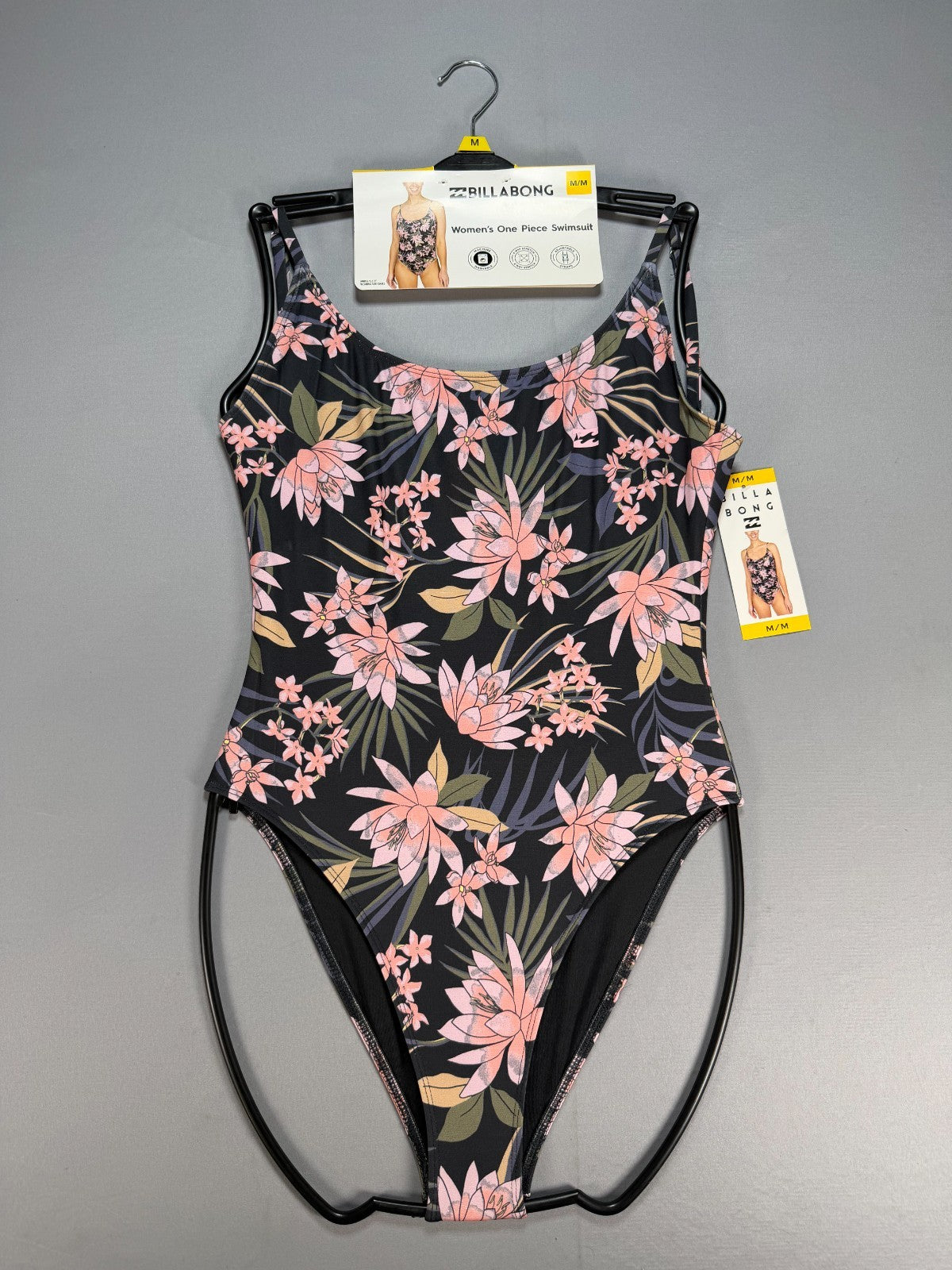 NWT Billabong One-Piece Swimsuit Women Medium Black Floral Sleeveless Summer Fit